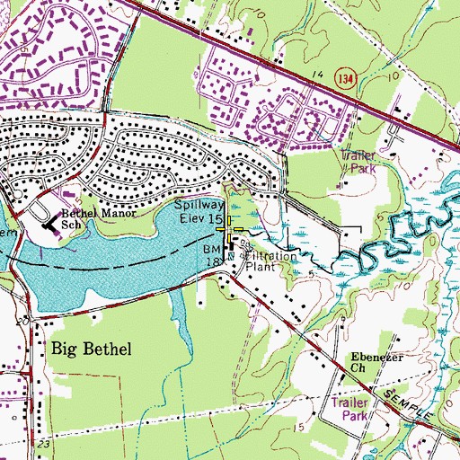 Topographic Map of Lower Big Bethel Dam, VA