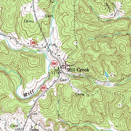 Topographic Map of Mill Creek Cemetery, VA