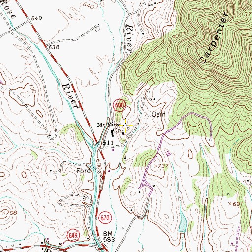 Topographic Map of Mount Zion Cemetery, VA