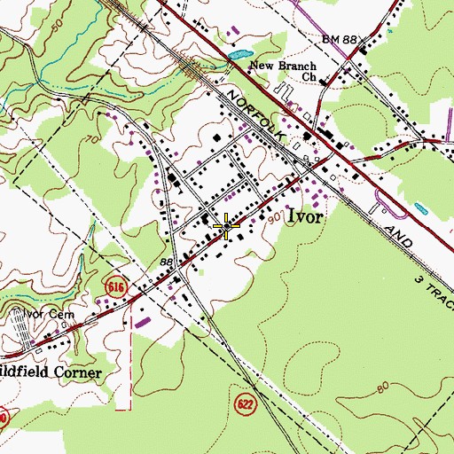 Topographic Map of Ivor, VA