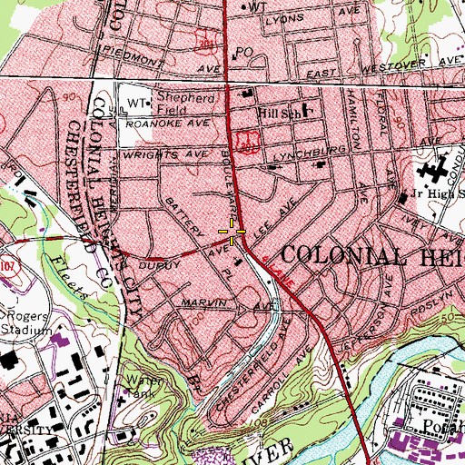 Topographic Map of Colonial Heights, VA