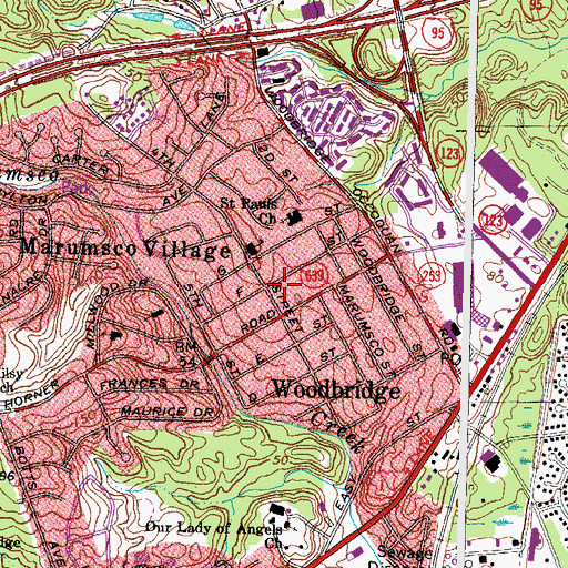 Topographic Map of Marumsco Village, VA