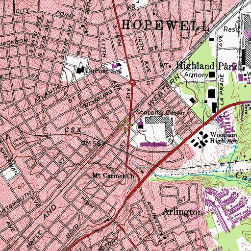 Topographic Map of City of Hopewell, VA