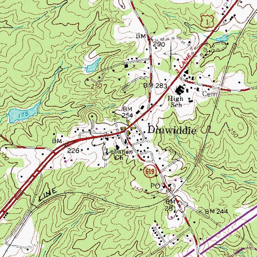 Topographic Map of Dinwiddie, VA