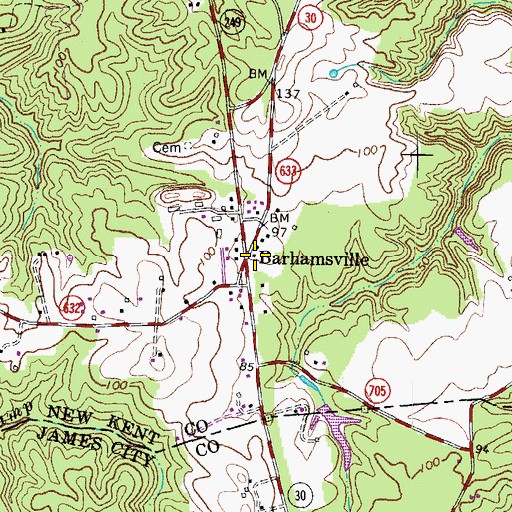 Topographic Map of Barhamsville, VA