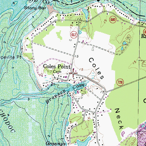 Topographic Map of Coles Point, VA