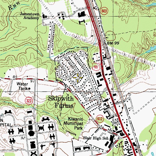 Topographic Map of Skipwith Farms, VA