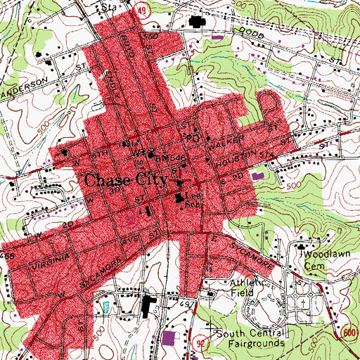 Topographic Map of First Baptist Church of Chase City, VA