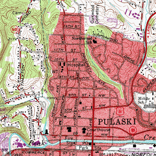 Topographic Map of Pulaski Historic Residential District, VA