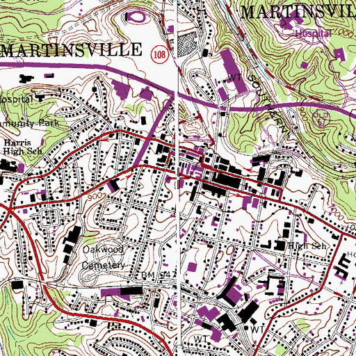 Topographic Map of Martinsville City Hall, VA