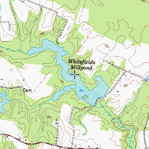 Topographic Map of Whitefields Millpond, VA