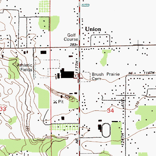 Topographic Map of Brush Prairie Cemetery, WA