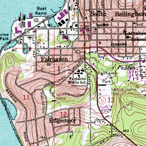 Topographic Map of Fairhaven Middle School, WA