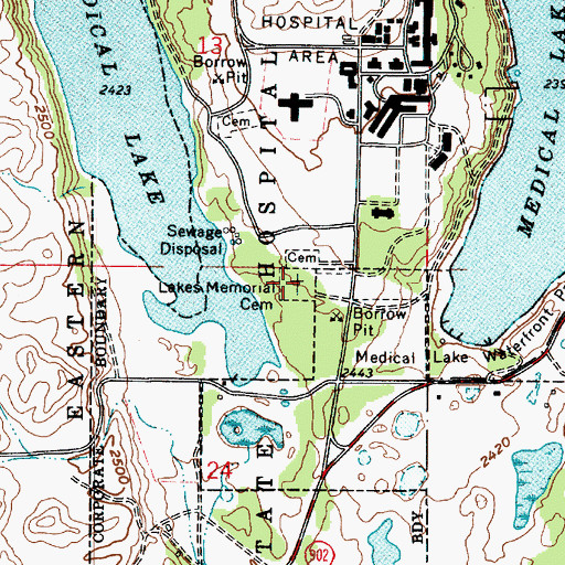 Topographic Map of Lakes Memorial Cemetery, WA