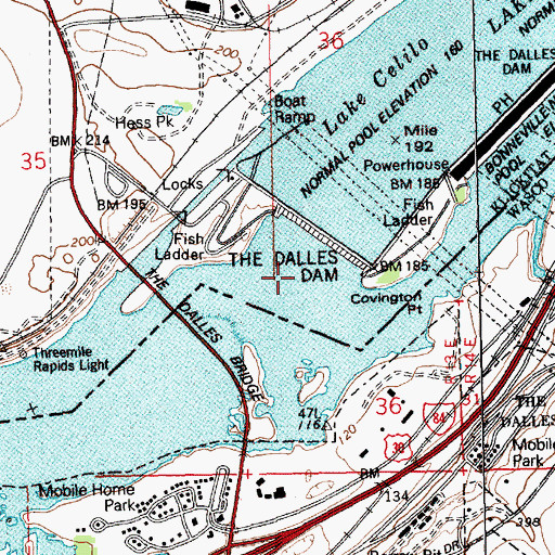 Topographic Map of The Dalles Dam, WA