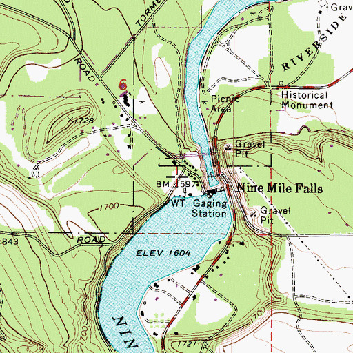 Topographic Map of Nine Mile Falls, WA
