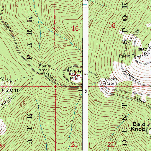 Topographic Map of Beauty Mountain, WA