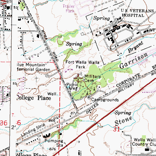 Topographic Map of Fort Walla Walla Military Cemetery, WA
