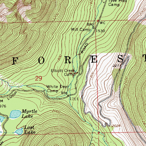 Topographic Map of Elliott Creek Camp, WA