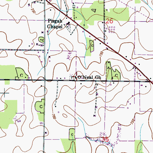 Topographic Map of O'Neal Church of Christ, AL