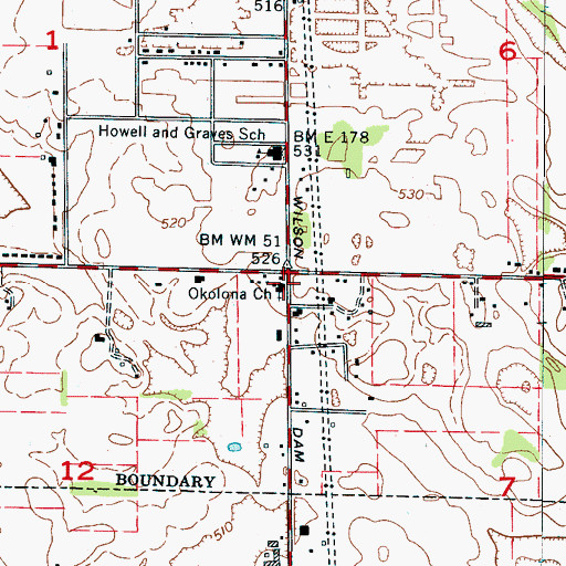 Topographic Map of Okolona Baptist Church, AL