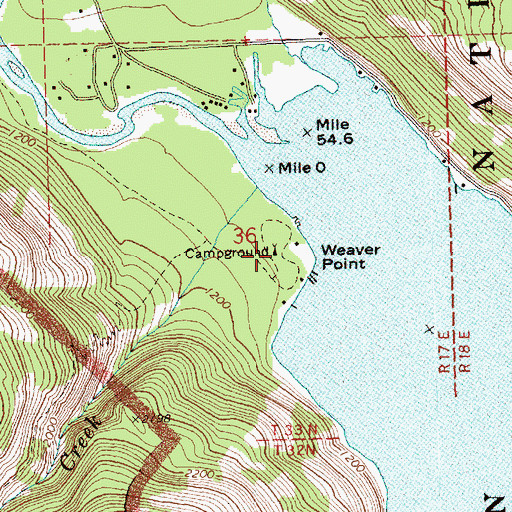 Topographic Map of Weaver Point Campground, WA