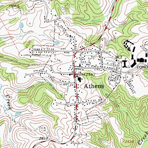 Topographic Map of Athens, WV