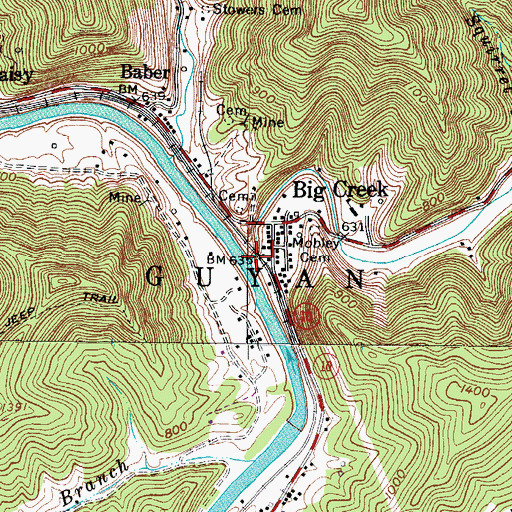 Topographic Map of Big Creek, WV