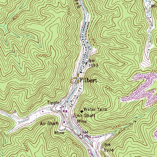 Topographic Map of Filbert, WV
