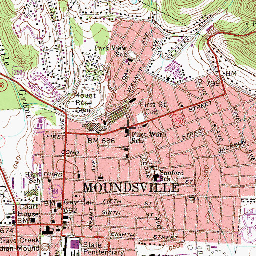 Topographic Map of First Ward School (historical), WV