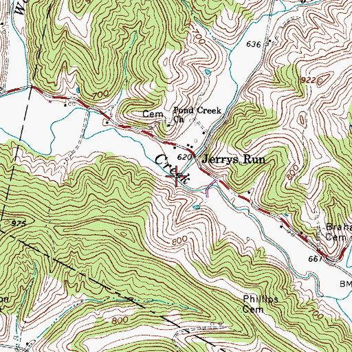 Topographic Map of Jerrys Run, WV