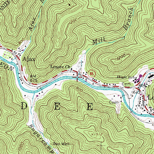 Topographic Map of Mill Branch, WV