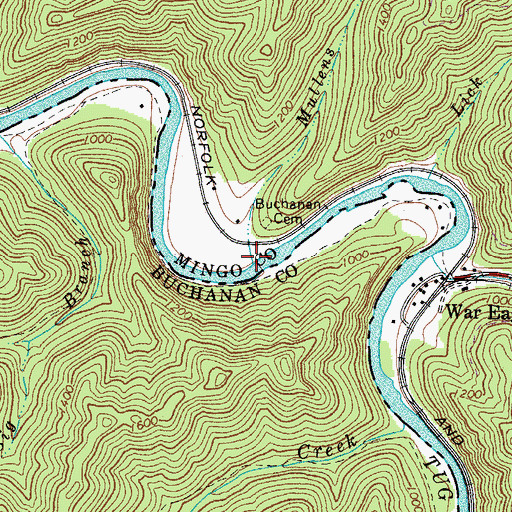 Topographic Map of Mullens Branch, WV