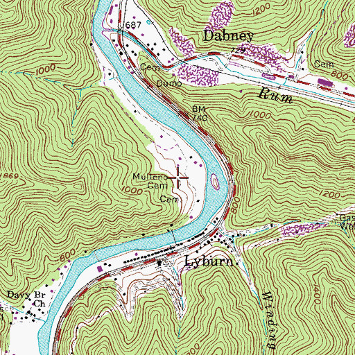 Topographic Map of Mullens Cemetery, WV