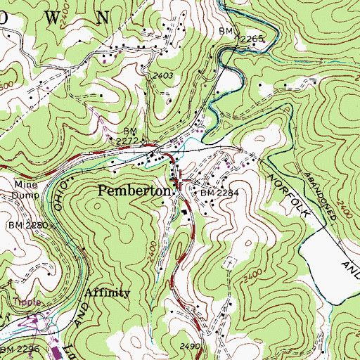 Topographic Map of Pemberton, WV