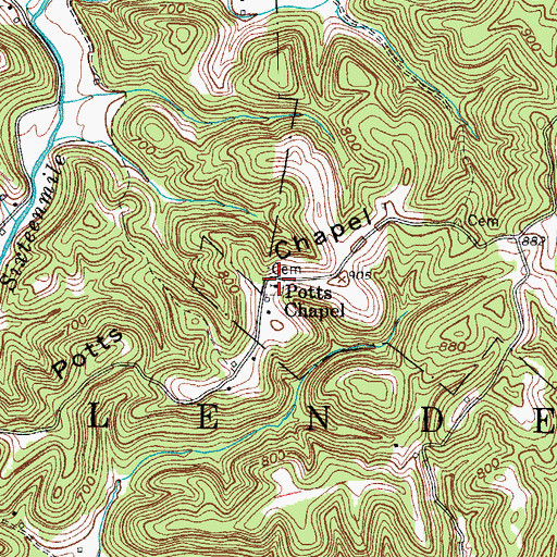 Topographic Map of Potts Chapel, WV