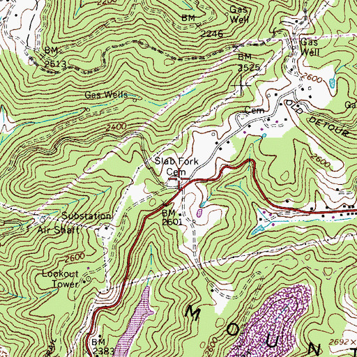 Topographic Map of Slab Fork Cemetery, WV
