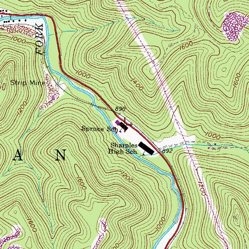 Topographic Map of Spruce School (historical), WV