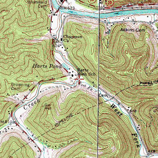 Topographic Map of West Fork Big Harts Creek, WV
