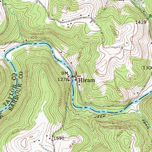 Topographic Map of Hiram, WV