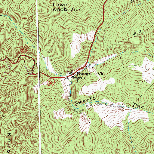 Topographic Map of Evergreen Church, WV