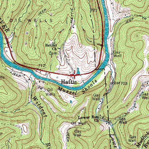 Topographic Map of Hattie, WV