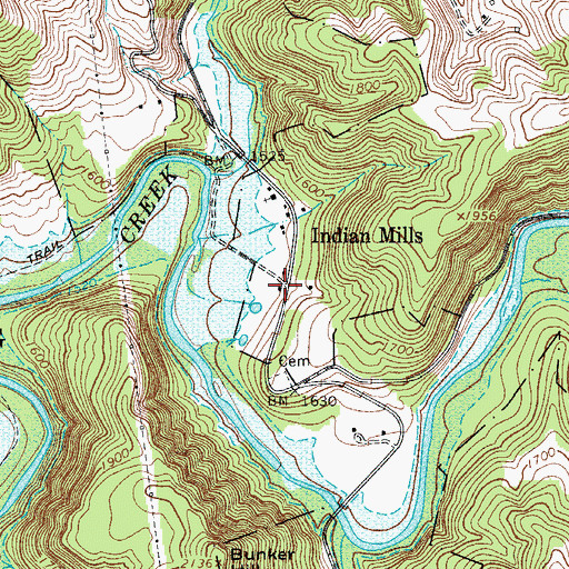 Topographic Map of Indian Mills, WV