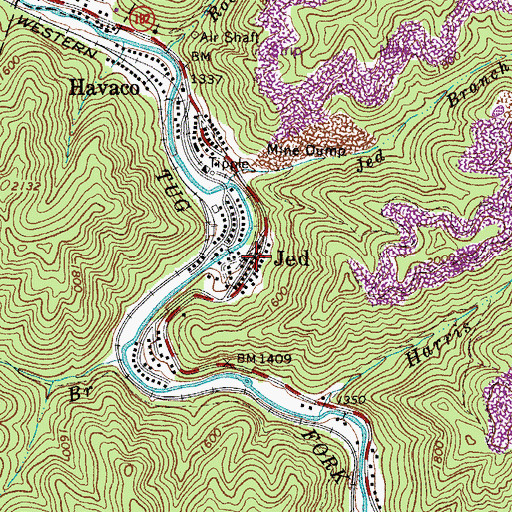 Topographic Map of Jed, WV