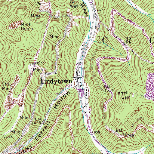 Topographic Map of Lindytown, WV