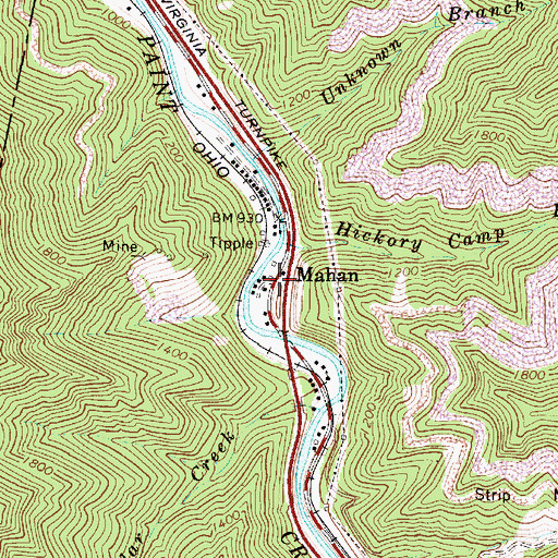 Topographic Map of Mahan, WV