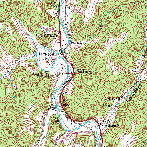 Topographic Map of Sidney, WV