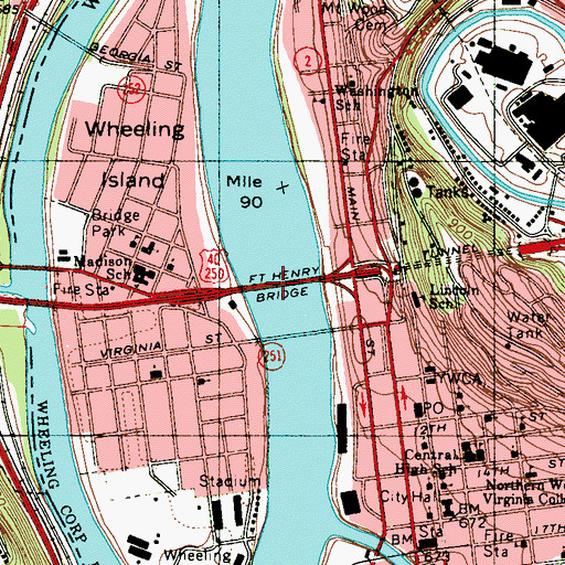 Topographic Map of Fort Henry Bridge, WV
