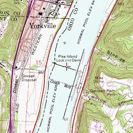 Topographic Map of Pike Island Locks and Dam, WV