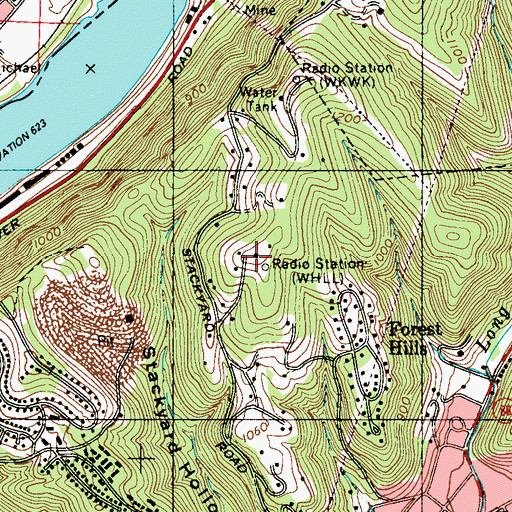 Topographic Map of WBBD-AM (Wheeling), WV